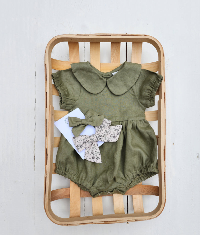 Baby Linen Bubble collar Romper with Bow | Allie