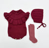 Cotton knit Cranberry Romper with Bow| Matching Socks options | Cranberry Esmee