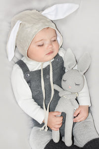 Baby Bunny Bonnet Hat with Velvet White Ears | Oat linen Velvet Ears