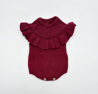 Cotton knit Cranberry Romper with Bow| Matching Socks options | Cranberry Esmee