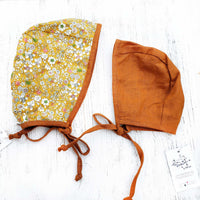 Mustard brown Linen Baby Bonnet with Wild flowers Reversible