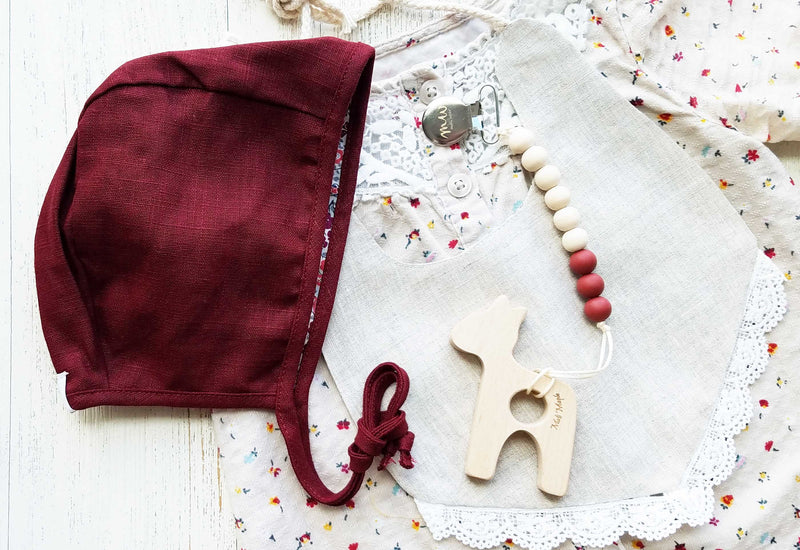 Dark Red Linen Baby Bonnet with reversible poppy floral