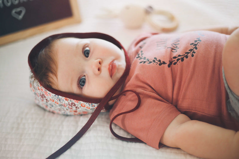 Dark Red Linen Baby Bonnet with reversible poppy floral