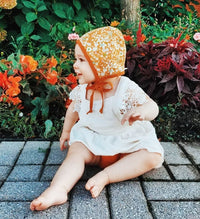 Mustard brown Linen Baby Bonnet with Wild flowers Reversible