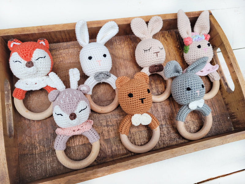 Crochet Animal Rattle on wooden Teething Ring | crochet teether