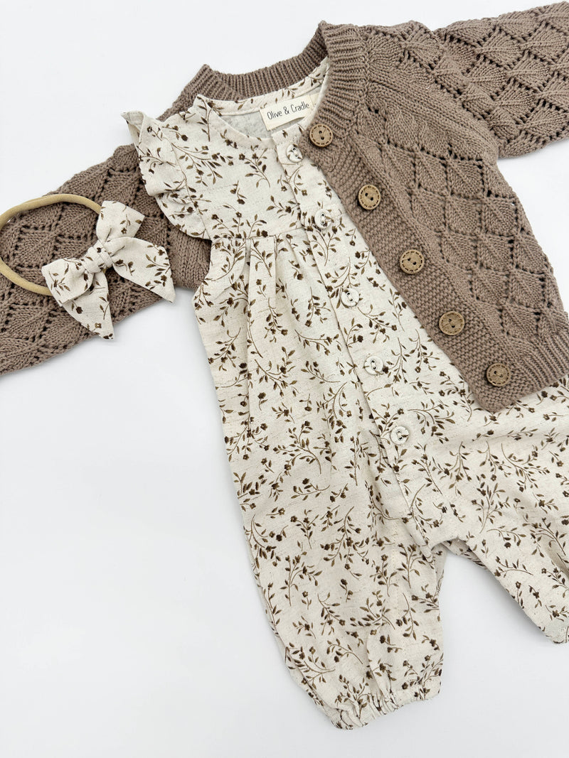 Girls Cotton Ruffle Sleeve Jumper + Bow + Sweater | Jennifer Wheat Floral SET