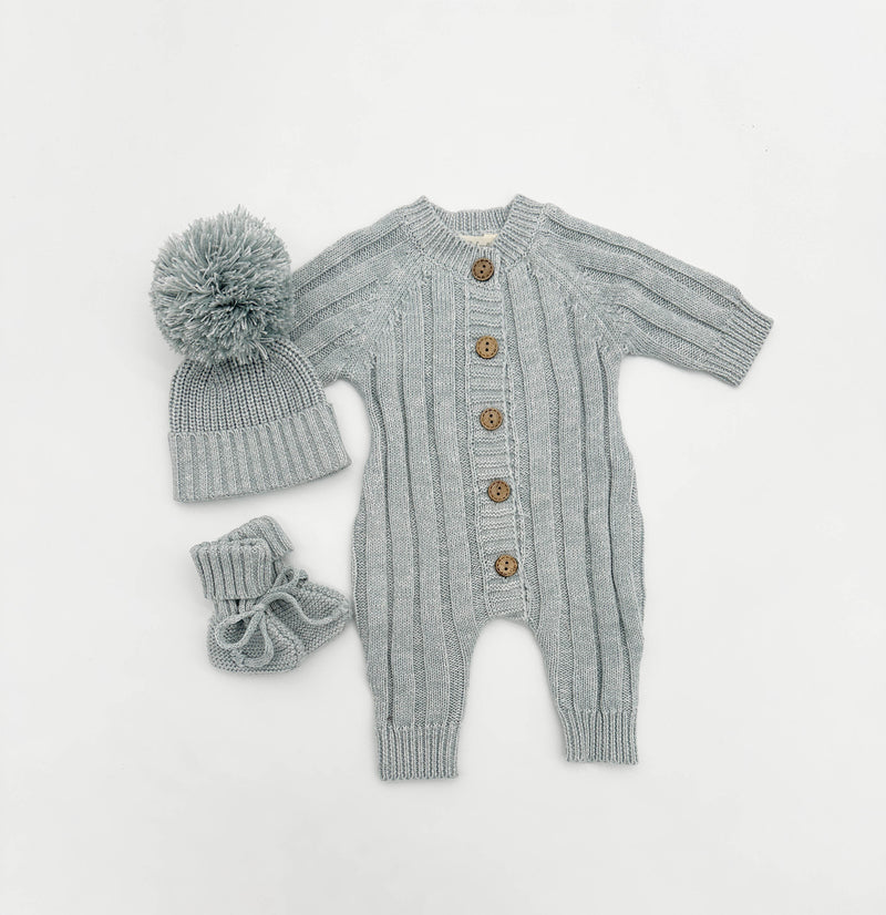 Knit Cotton Baby Jumper | Milo Heathered Blue 3pc SET