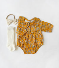 Mustard Floral Romper with Bow and Socks SET Options