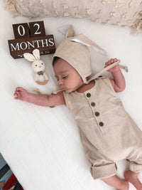 Baby Bunny Bonnet Hat with Velvet White Ears | Oat linen Velvet Ears