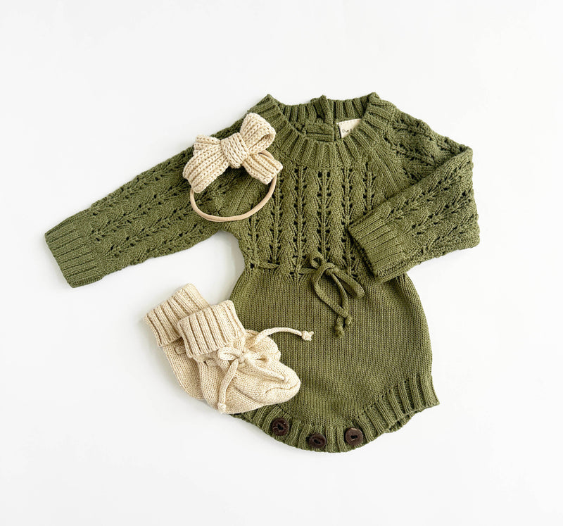 Newborn Baby Knit Romper Booties and Bow | Zoya 3pc SET