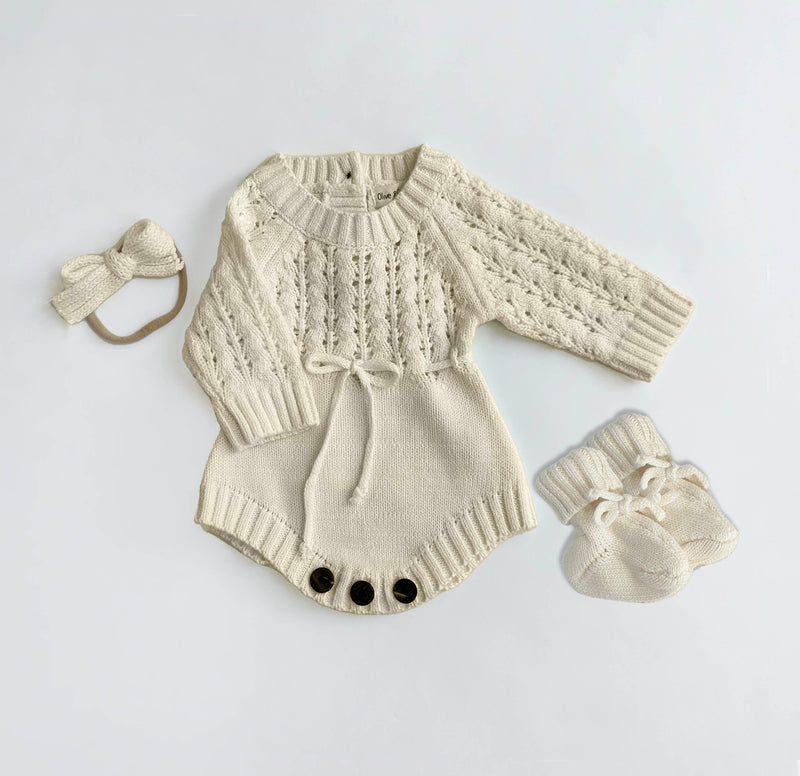 Newborn Baby Knit Romper Booties and Bow | Zoya 3pc SET