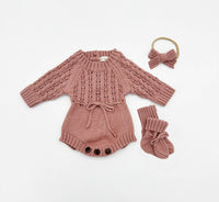 Newborn Baby Knit Romper Booties and Bow | Zoya 3pc SET