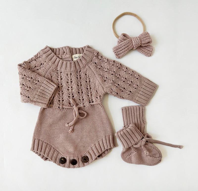 Newborn Baby Knit Romper Booties and Bow | Zoya 3pc SET