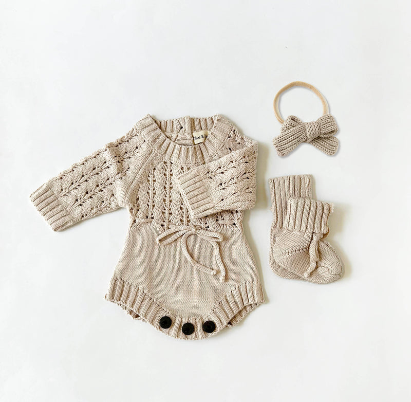 Newborn Baby Knit Romper Booties and Bow | Zoya 3pc SET