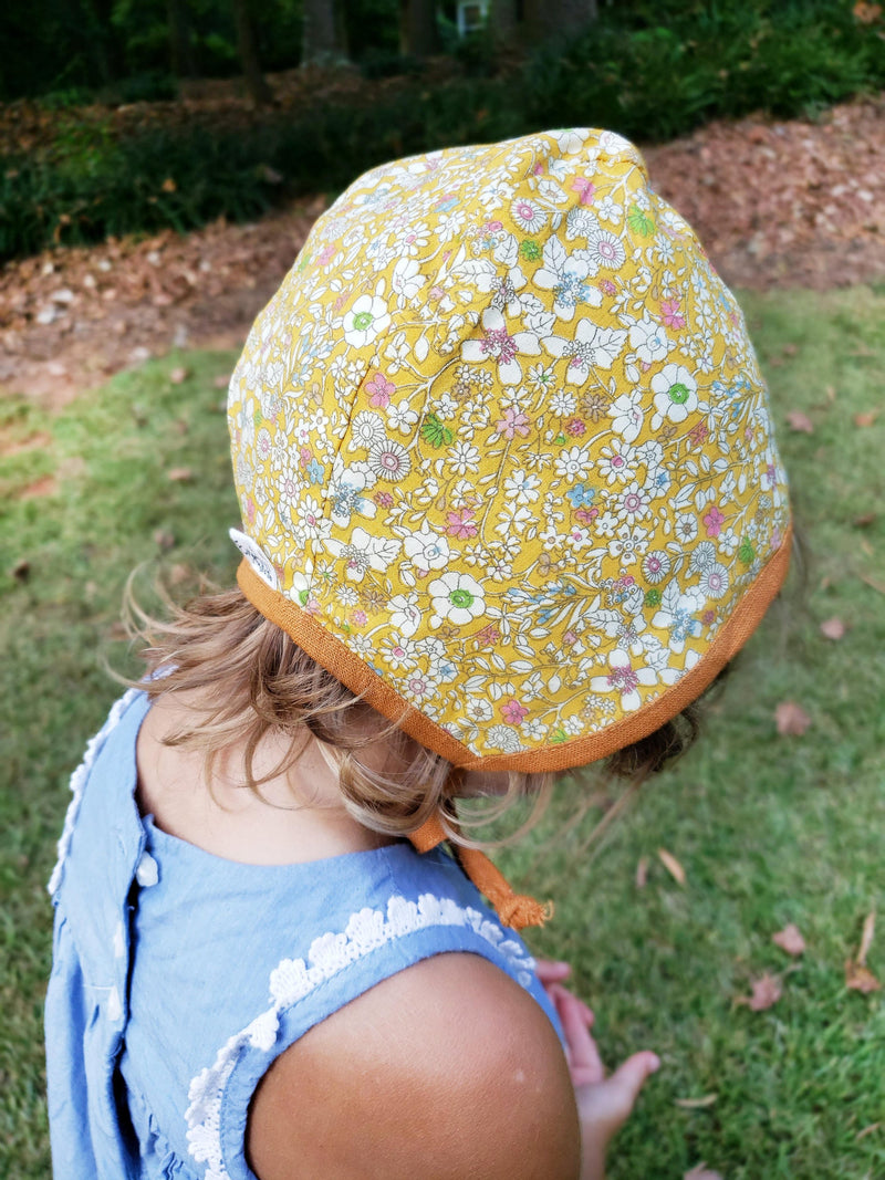 Mustard brown Linen Baby Bonnet with Wild flowers Reversible