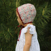 Dark Red Linen Baby Bonnet with reversible poppy floral