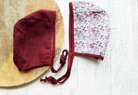 Dark Red Linen Baby Bonnet with reversible poppy floral